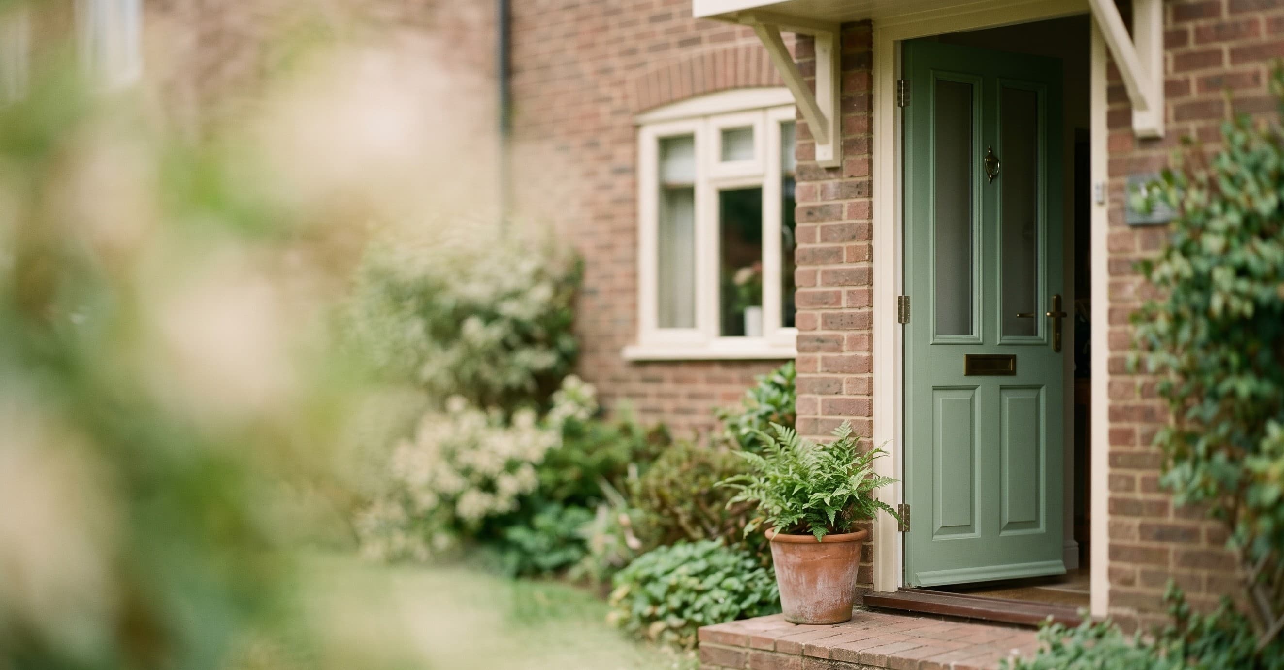 A warm, welcoming home exterior with a green front door