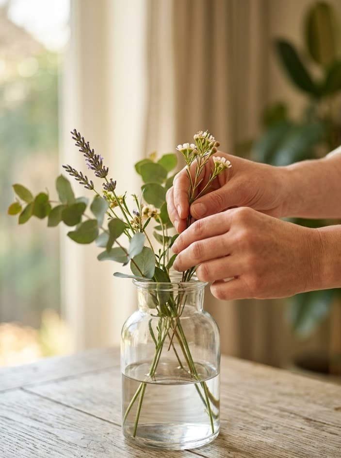 A pair of hands carefully arranging fresh lavender and eucalyptus in a glass vase