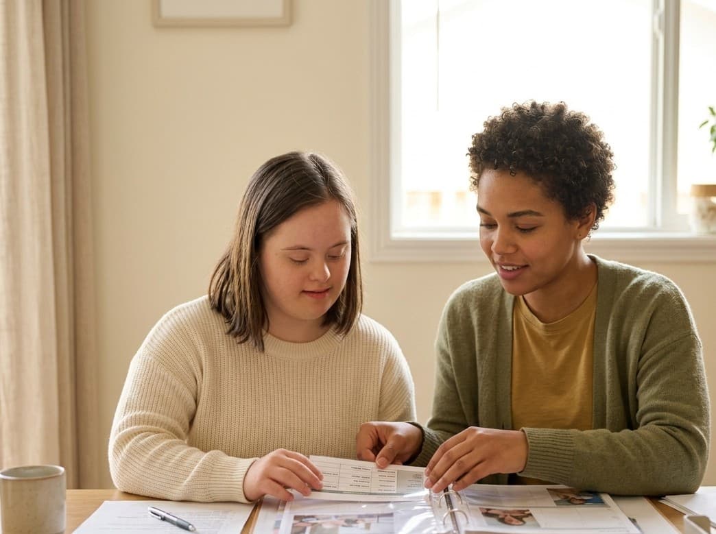 A support worker and young adult sitting side-by-side reviewing a care plan together