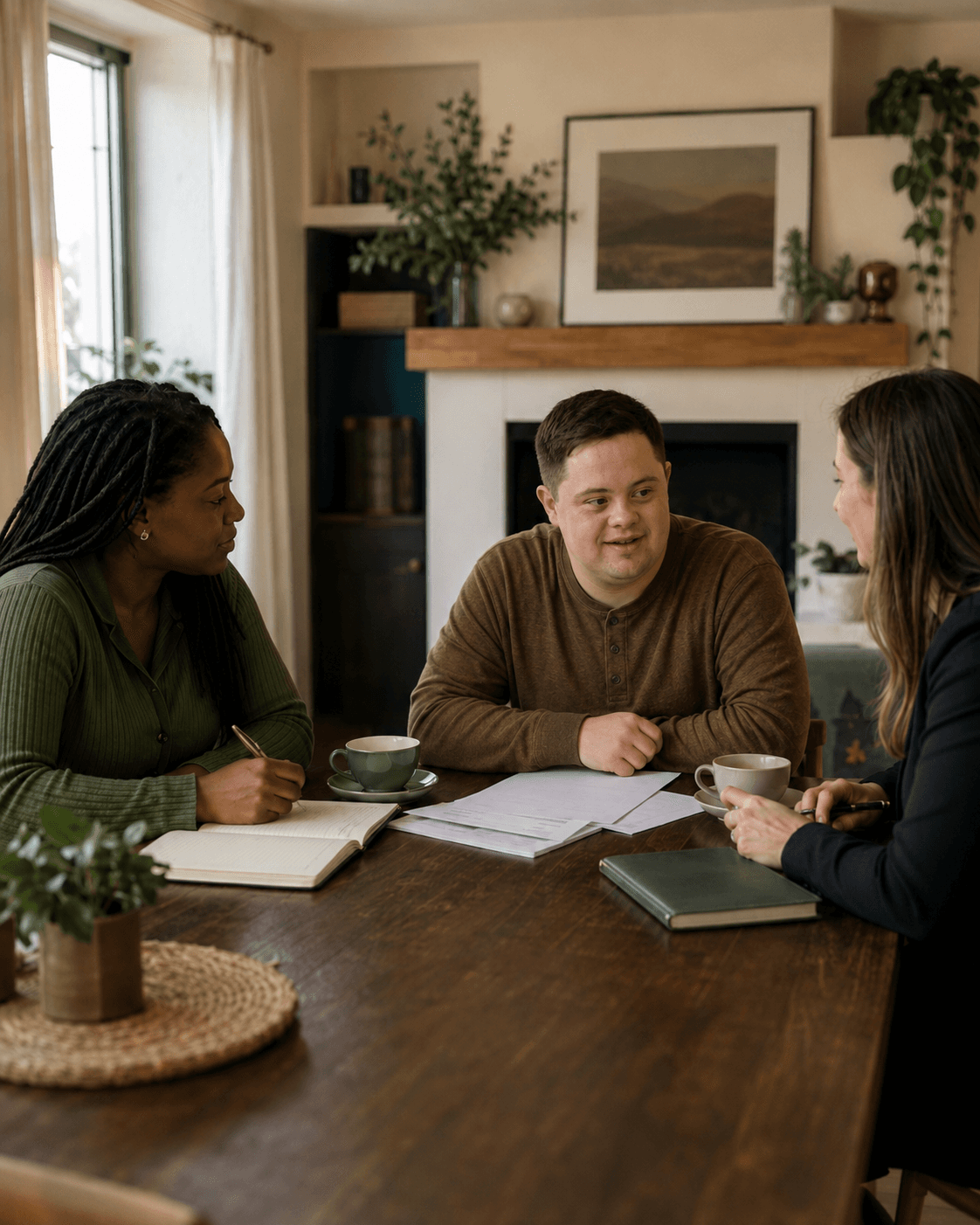 A small group discussing support needs at a home dining table