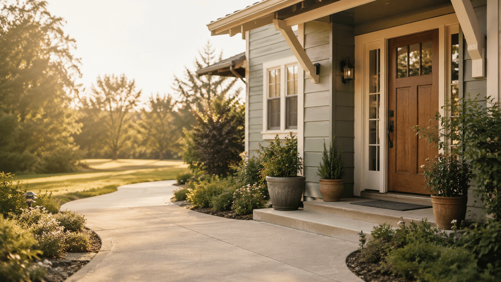 A warm accessible home entrance in golden-hour light